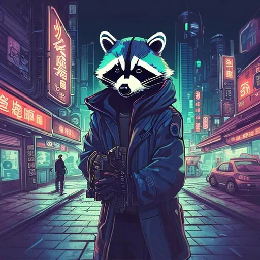 Prompt: Cyberpunk style profile icon Raccoon Runing a night shop.