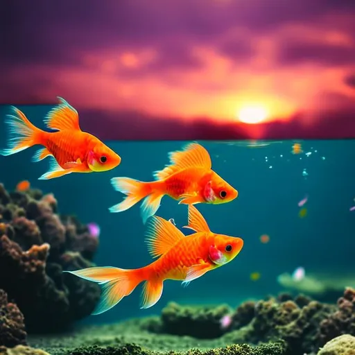 Prompt: The goldfish swiming on purple sky