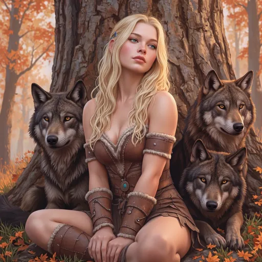 Prompt: A semi-realistic digital painting of a young wild huntress with long blonde hair and bright blue eyes, sitting against a massive tree in an autumn forest. She is surrounded by three large, loyal wolves with intelligent amber eyes. The huntress wears fur-lined leather bracers and a rugged, tribal outfit made of stitched hide and dark fur. Her expression is calm and confident, with a hint of wild spirit. Orange leaves scatter the ground, and soft sunlight filters through the tall trees. The atmosphere is mystical and primal, with detailed natural textures, cinematic composition, and warm fall lighting.