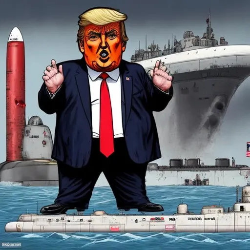 Prompt: Obese Trump in front of a blood dripping  grey nuclear submarine with nuclear warheads in drydock, stars and stripes, dark-blue suit, too long red tie to the floor, u-boat scene, muted colored, Sergio Aragonés MAD Magazine cartoon style