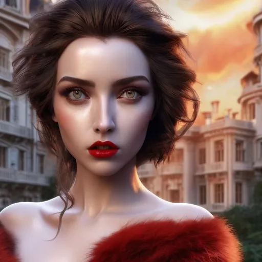 Prompt: 4k 3D professional modeling photo live action human woman hd hyper realistic beautiful british woman right half hair white left half hair black fair skin brown eyes beautiful face red lips spotted fur coat and red dress luxury landscape hd background with live action mansion