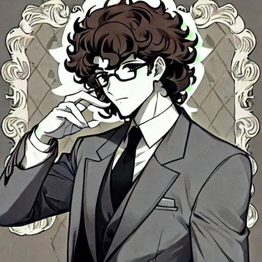 Prompt: A handsome man with glasses, wearing a suit, no facial hair,  medium soft curly hair and wearing suit.
