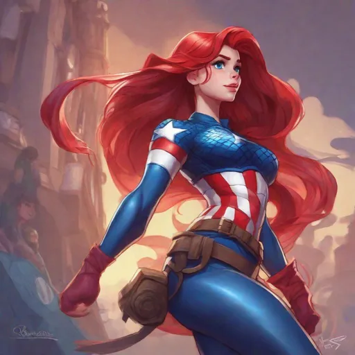 Prompt: Vivid, detailed, Disney art style, full body, Ariel Disney Princess, Hair part on left side, female Captain America, bare midriff