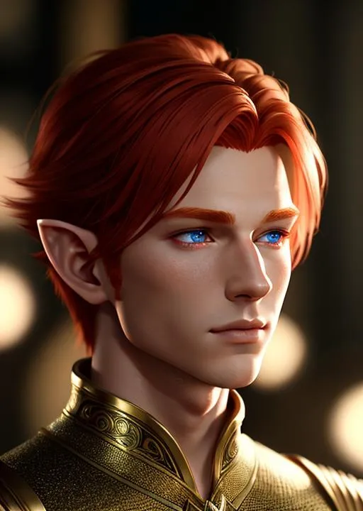 Prompt: male redhead elf, detailed face, elegant, mesmerizing , glorious, cinematic light, hd octane render, high resolution scan, masterpiece, hyperrealism, delicate detailed complex, sophisticated, vibrant colors, highly detailed, intricate detailed, volumetric lighting, light reflection, 