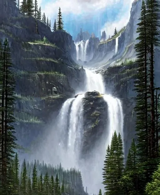 Prompt: a painting of a giant mountain range with a large waterfall coming down from the mountains leading into a narrow lake in the foreground surrounded with pine forest, rainy, fantasy artwork, very beautiful scenery, very realistic painting effect, hd, hdr, cinematic 4k wallpaper, 8k, ultra detailed, high resolution, artstation, concept art, 8k post-processing, epic scale, cgsociety, cinematic, low saturation