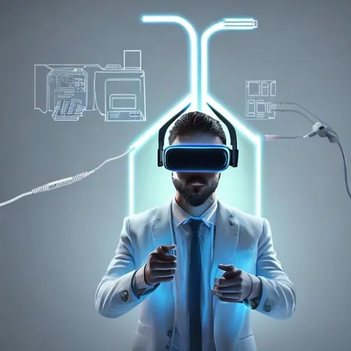 Prompt: Crea a un hombre con un traje tecnológico conectado con  cables luminosos para ulitilizar con realidad virtual Y unos lentes de realidad virtual 