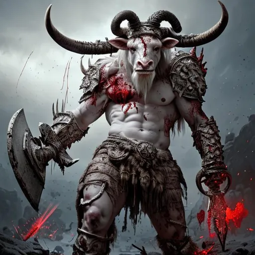 Prompt: Portrait of an albino minotaur wearing scale mail armor holding a waraxe covered in blood with both hands, battlefield, perfect composition, hyperrealistic, super detailed, 8k, high quality, trending art, trending on artstation, sharp focus, studio photo, intricate details, highly detailed, by greg rutkowski