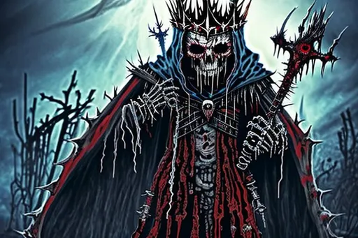 Prompt: black red blue, rotting evil zombie wizard skeleton king with spiked crown, long white hair in red hood and distressed torn cloak with spiked pauldrons, spell caster, 