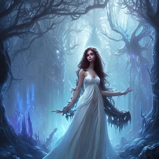 Prompt: pretty brunette woman wearing a white dress, in a mystical dark forest, scary creatures, Ultraviolet, style of Alayna Lemmer