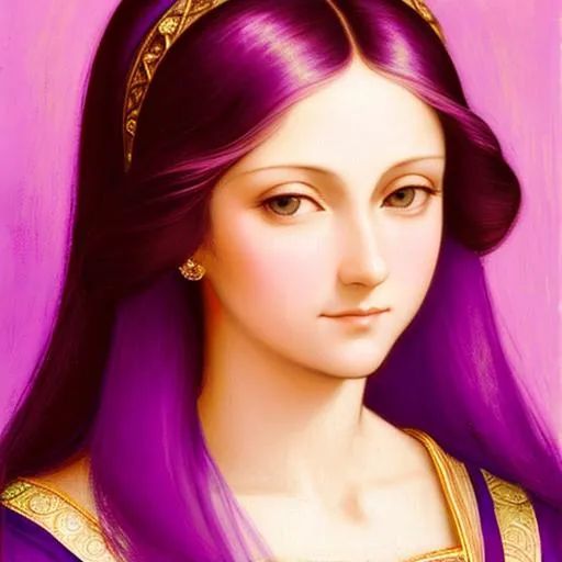 Prompt: A portrait of a woman in the style of Leonardo De Vinci wearing purple c!othes, pastel background