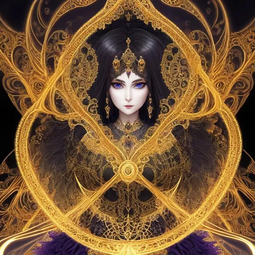 Prompt: A hyper detailed julia sets mandelbrot and (z² + c + (z² + c)) / (3z³ + c) formula in fractal loop mathematics inside full body fractal detailed impossible beautiful mature  esoteric scary woman of darkness, detailed beautiful face, detailed beautiful eyes, golden silk, wearing vaporous diamantine night transparent lacy dress, discrete make up, glowing up, large curly duoble rainbow color julia sets fractal long balayage hair