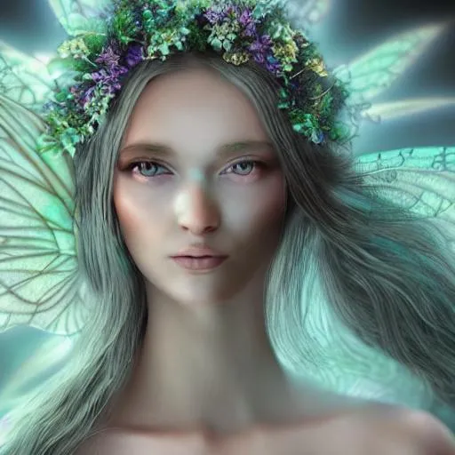 Prompt: fairy goddess, ethereal,dreamscape, cosmos, pale blue colors,closeup