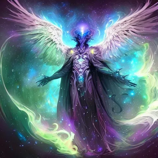 Prompt: Aetherius is a majestic figure, draped in flowing robes woven with the patterns of stars, galaxies, and constellations.They possess an otherworldly aura, with eyes that sparkle like shimmering stardust. Their form radiates an ethereal glow, signifying their connection to the cosmic forces that govern destiny.He is a male 