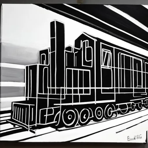 Prompt: simple stylized black and white acrylic painting of a train