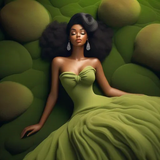 Prompt: 3d art pin-up girl in moss pretty dress laying pretty poseing brown skin black  hair🌷🌳