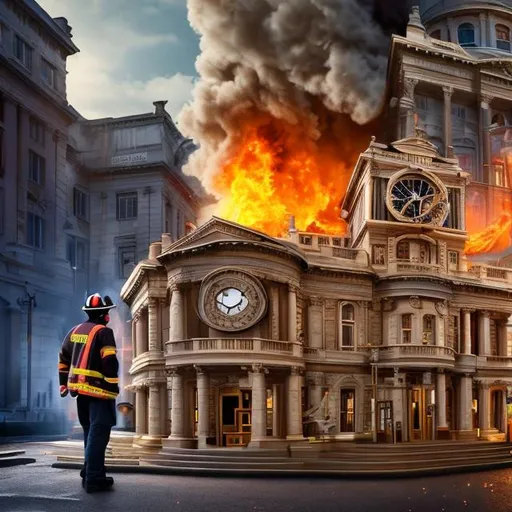 Prompt: Bank destroyed with big clock and fire fighter 8k UHD realistic 
