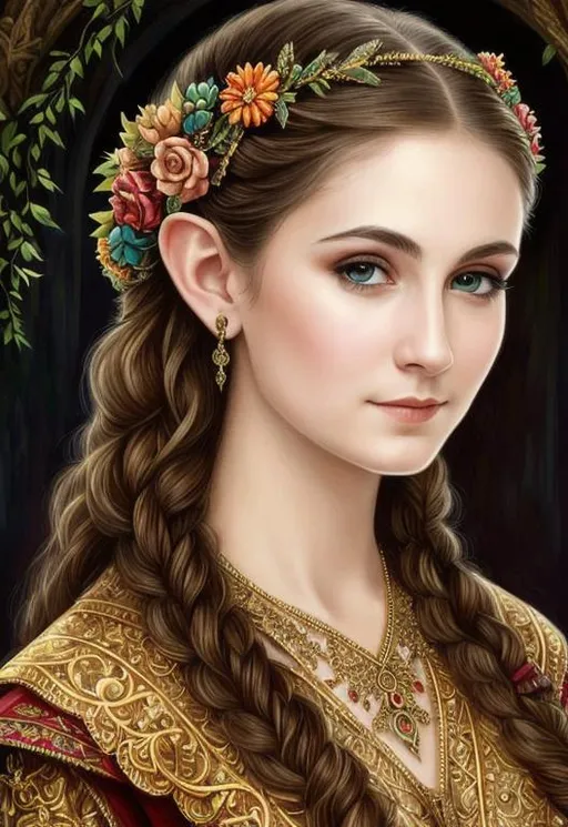 Prompt: Full color portrait of a ornate and intricately detailed young elvish woman