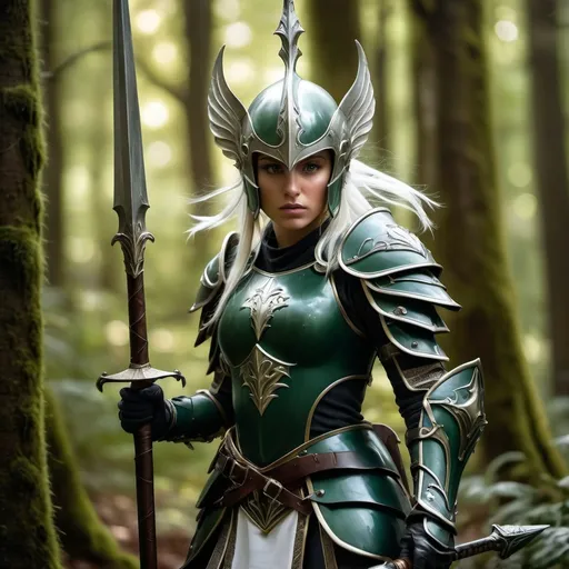 Prompt: Full body view, Full helmet wearing teenage girl high elf paladin with beautiful face, head covered entirely by full helmet, tight fitting green plate armor, full helmet with covered face and white horsehair plume, wielding a two handed long bladed spear, highres, detailed, dramatic pose, fantasy, dark fantasy, dramatic lighting, mossy forest, Fae details, intense gaze, professional rendering