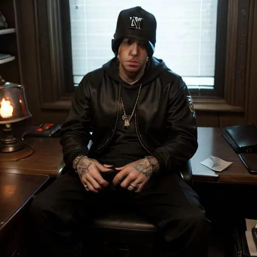 Prompt: Eminem, sitting at his desk, playing the online game known as World of Warcraft