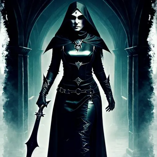 Prompt: Human Female, Evil, Shady, Dark Fantasy Setting, Cultist, Occult, Shadowed, Sinister, Midnight Lighting, Fantasy