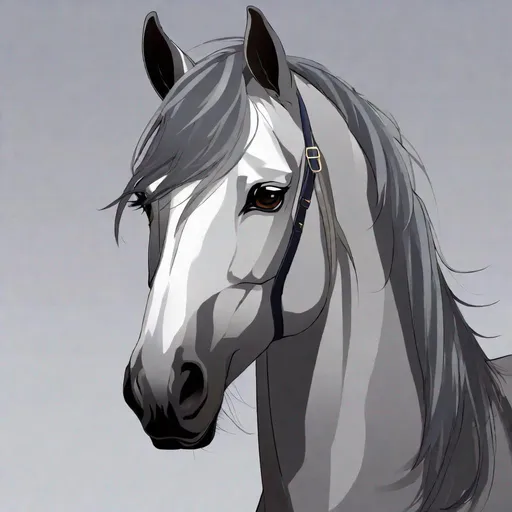 Prompt: Your OC is a little mangled horse, with gentle ash-gray eyes. He has long grey hair. Masculine