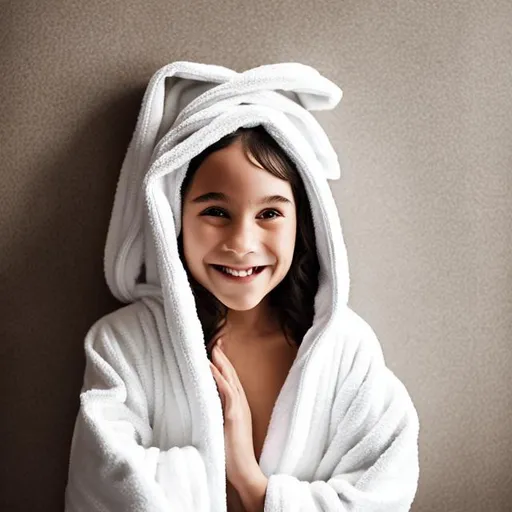 Prompt: Happy 10 year old girl with a towel wrapped on her head and wearing a bathrobe 
