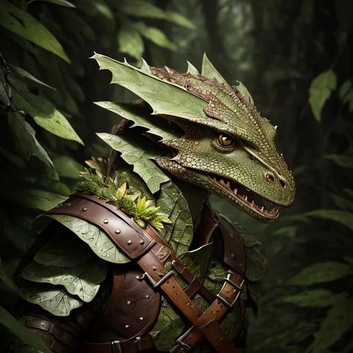 Prompt: portrait of a (Green and Brown dragonborn Ranger hunting ),wearing basic leather armor with rustic camouflage details including leaves.  , Forest background, D&D setting, perfect composition, hyperrealistic, super detailed, 8k, high quality, trending art, trending on artstation, sharp focus, studio photo, intricate details, highly detailed, by greg rutkowski and alphonse mucha