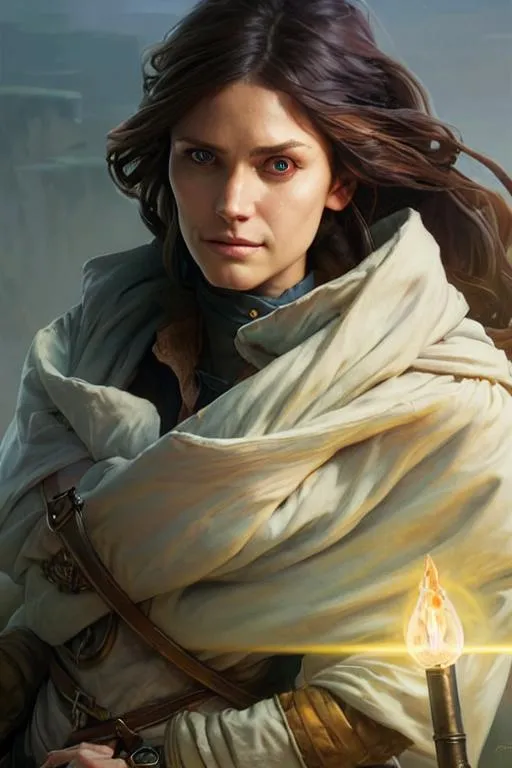 Prompt: realistic portrait of a dnd woman baroness, D&D, brown hair, brown eyes, highly detailed, concept art, smooth, art by artgerm and greg rutkowski and alphonse mucha and simon stalenhag, ambient lighting, fantasy, full view, close up to face, highly detailed face, sharp face, blue clothes and coat