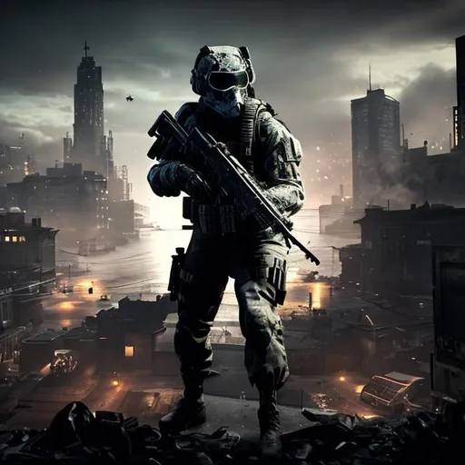 Prompt: Ghost from Call of Duty Standing overlooking a City at Night 