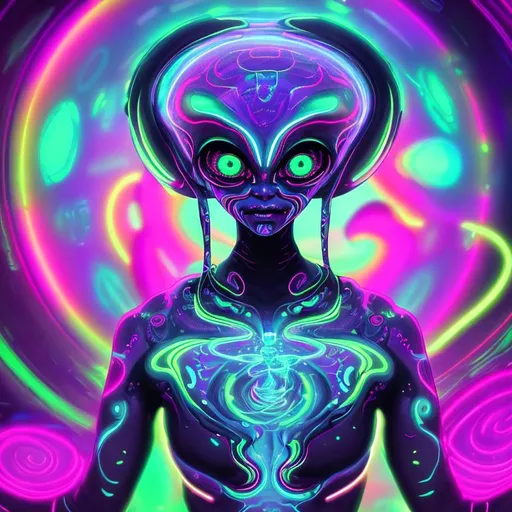 Prompt: Hypnotic illustration of an Alien, standing character, hypnotic, psychedelic art, pop surrealism, dark glow neon paint, mystical, Behance, 4k, 8k, UHD, professional, studio lighting, unreal engine, vivid colors, bokeh