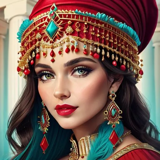 Prompt: Beautiful ethereal woman. color scheme of tuquoise and red., wearing turquoise and gold jewlery, wearing a red hat, facial closeup