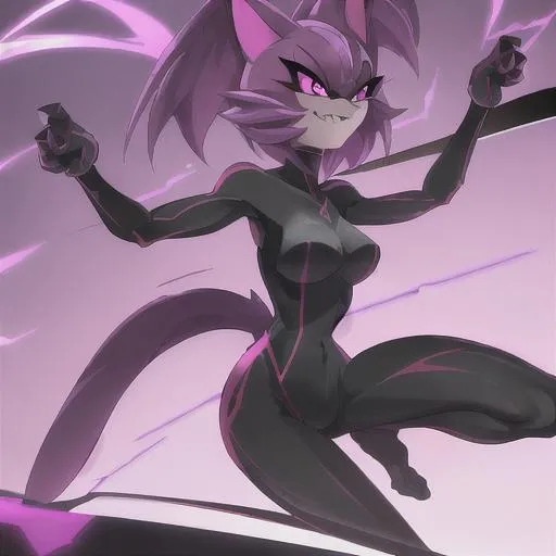 Prompt: Blaze the Swift has a sleek and athletic design, embodying the speed and agility associated with Sonic-inspired characters. She has a slender and streamlined anthropomorphic body, similar to that of a cat. Her fur is a vibrant shade of lavender, with hints of magenta accents on her ears, quills, and tail. Her eyes are a striking shade of emerald green, which reflects her focused and determined nature.

Blaze's primary feature is her fiery mane, which flows down her back and transforms into a magnificent tail, reminiscent of flames. The vibrant orange and yellow hues of her fiery hair symbolize her element of fire and represent her passionate and powerful personality.

She wears a sleek and form-fitting outfit designed for speed and maneuverability. Blaze's attire consists of a lightweight bodysuit, predominantly in shades of white and lavender, adorned with fiery patterns and stylized flame motifs. The suit features reinforced panels and padding in strategic areas to provide protection during high-speed maneuvers.

Blaze also wears fingerless gloves and streamlined boots, both in matching lavender and white colors. These accessories enhance her agility and allow for precise control over her movements. She may also don additional protective gear, such as knee and elbow guards, to showcase her readiness for action.

Blaze's overall design conveys a sense of elegance, strength, and determination. With her fiery mane and intense gaze, she exudes a powerful presence. Her sleek and streamlined appearance reflects her speed and agility, making her a formidable force in the Sonic-inspired universe.