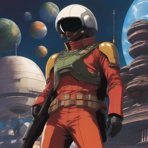 Prompt: Seen from distance. Whole body. Full figure. An african scifi soldier in butternut armor. He has a venus war helmet. In background earth from the space. 
He wields a rifle. In background a scifi station in space. Anime. Captain harlock art. Leiji Matsumoto art. 2d art. 2d. 