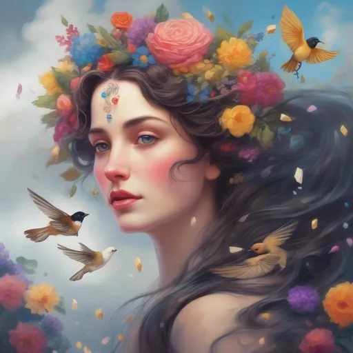 Prompt: A beautiful and colourful Persephone whose brunette hair is made of clouds that rains down flowers made of jewels, while chickadees fly around her; in a painted style