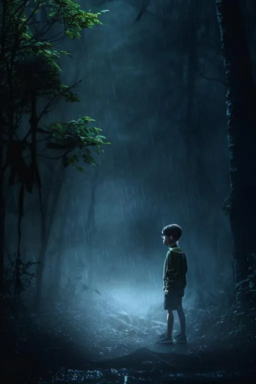 Prompt: a boy in a dark forrest and heavy rain