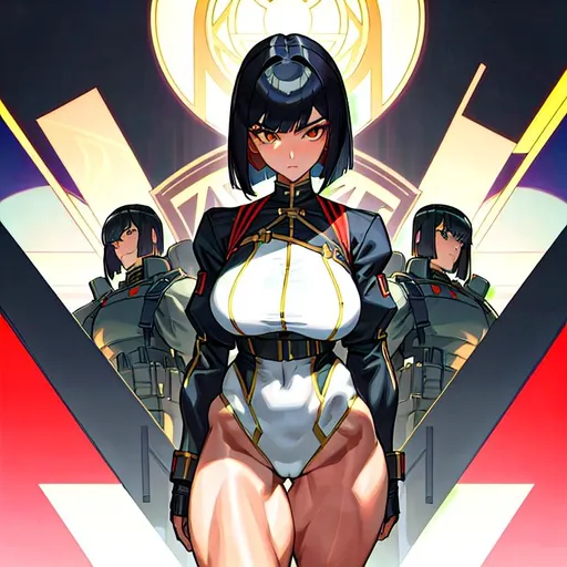 Prompt: a lonely AI girl, very tall, thick muscular thighs, wide hips, huge muscular glutes, long muscular legs, muscular arms, muscular abs, slender waist, big beautiful symmetrical eyes, intriguingly beautiful face, aloof expression, bob haircut with bangs, wearing War fashion clothes, Tactical Military fashion, 36K resolution, hyper-professional, impossible quality, impossible resolution, impossible detail, hyper output