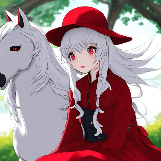 an anime young girl in the redhat and redcoat sits o...