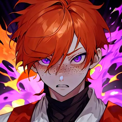 Prompt: Erikku male adult (short ginger hair, freckles, right eye blue left eye purple) UHD, 8K, Highly detailed, insane detail, best quality, high quality, 