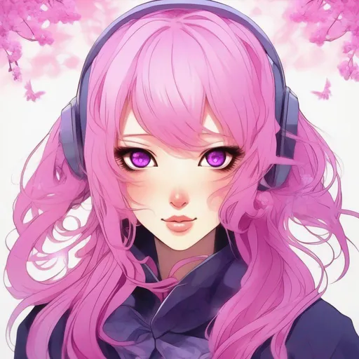 Prompt: anime Japanese woman, pink hair, purple eyes