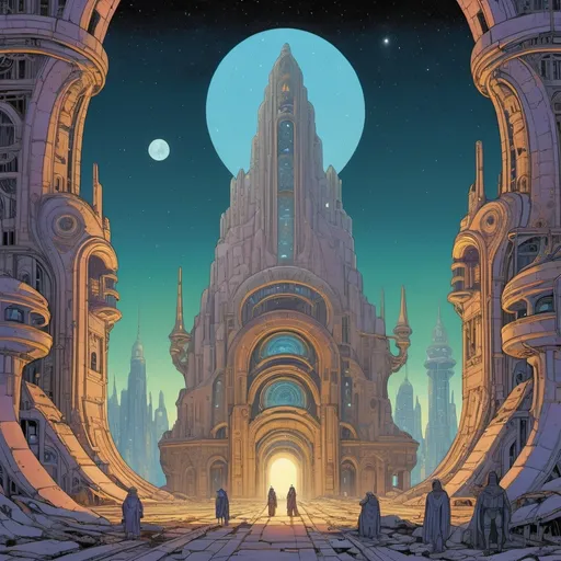 Prompt: A Coruscant-like Art Nouveau city ruins overrun with psychic monsters, in the style of Moebius, starlit sky