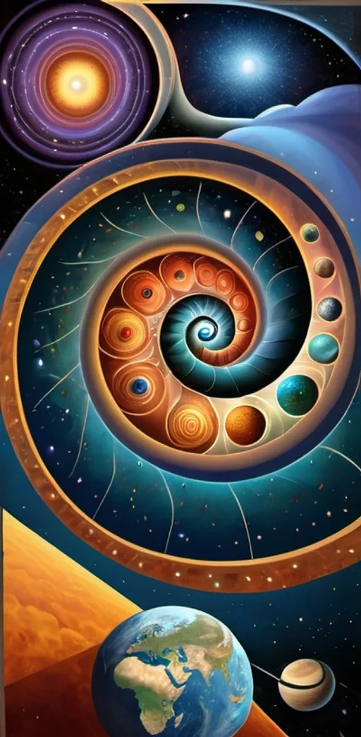 Prompt: A view of the multiverse, many worlds, portals to different universes, spiral design, branching timelines, retro style