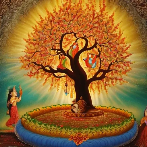 Prompt: Spirituality, a tree, and lord Krishna 