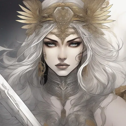 Prompt: In a kingdom where the beauty of femininity and sensuality intertwine, a warrior emerges with a legendary weapon. She possesses mesmerizing eyes that possess a magnetic pull, embodying a divine allure that speaks not only of her strength and grace, but also of an ethereal sensuality that awakens passion and desire.