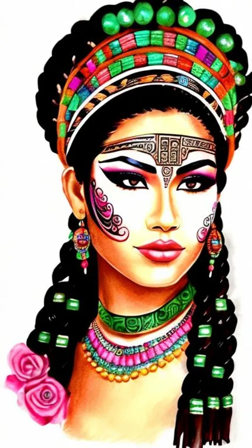 Prompt: Sketch of a mayan woman, beautiful eyeliner and face paint, roses and jade beads