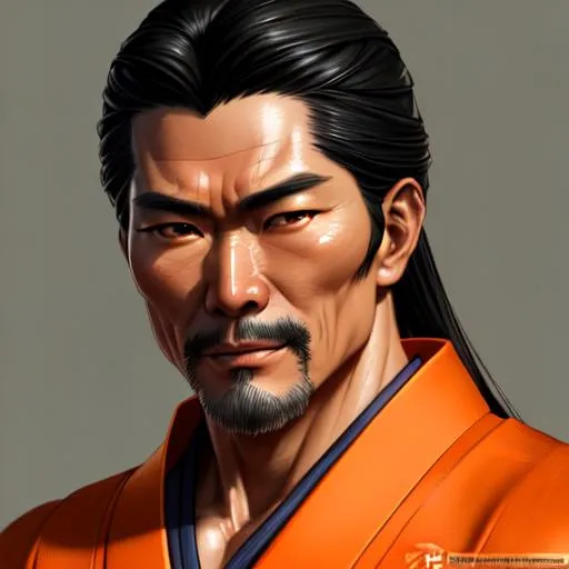 Prompt: realistic portrait of a feudal japanese muscular male feudal of 40 years old, dark hair in japanese style, highly detailed, concept art, smooth, art by artgerm and greg rutkowski and alphonse mucha and simon stalenhag, ambient lighting, fantasy, full view, close up to face, highly detailed face, sharp face, simple orange clothes, cheerful guy with a slight smile and an ironic look.
