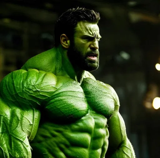Prompt: chris evans as the incredible hulk movie still, muscular, green skin, bearded