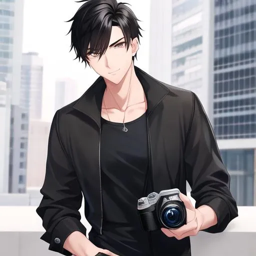 Prompt: Caleb 1male. Short Sleek black hair, sassy and lively brown eyes. Wearing a cool and casual, relaxed fit with a trendy design. UHD. As a Photographer, holding a camera. Highly detailed, best quality 