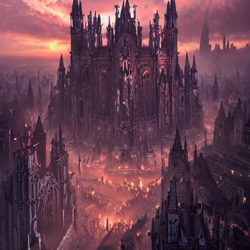 Prompt: high aerial shot, a majestic epic cathedral with big place and statue in the style of warhammer 40k, bloodborne, gothic art, dark fantasy,  , concept art, volumetric lighting, trending on art station, warm sun light, god rays,  highly detailed, scenery, 8K.