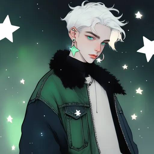 Prompt: A 19 year old boy with elf ears, pale skin, fluffy short white hair, dark blue eyes, star and moon earrings, spandex black turtleneck, dark green denim jacket, necklace with white crystal attached, wearing black baggy jeans.