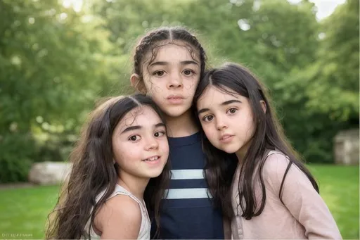 Prompt: photo realistic headshot of beautiful English children, 2girls 1 boy, symmetrical square face, wide-spaced eyes, broad square nose, heavyset brow, brown almond-shaped eyes, pinkish dark tan complexion, wavy black hair, freckles, centered in frame, facing camera, symmetrical face, ideal human, 85mm lens,f8, photography, ultra details, natural light, light background, photo, Studio lighting